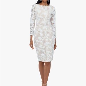 Xscape Women's Long Sleeve Raised Floral Lace Midi Length Dress
